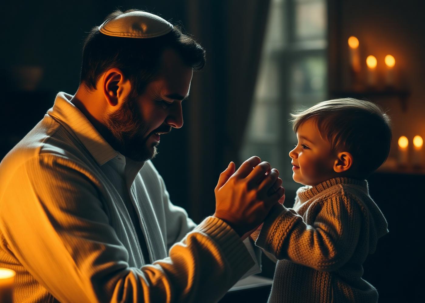 A father tenderly teaching kindness to his young child by candlelight.