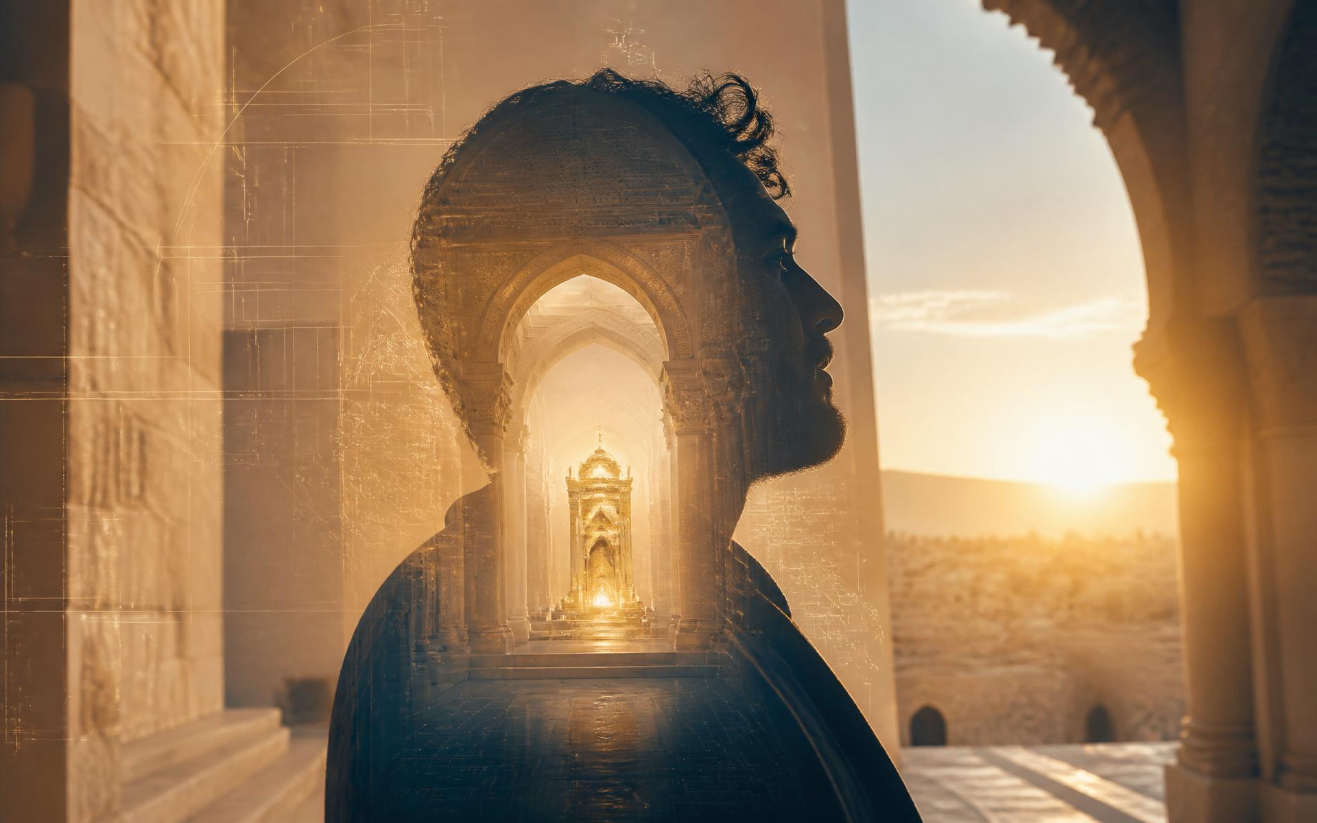 A contemplative person facing sunrise with a luminous inner sanctuary visible within the silhouette.