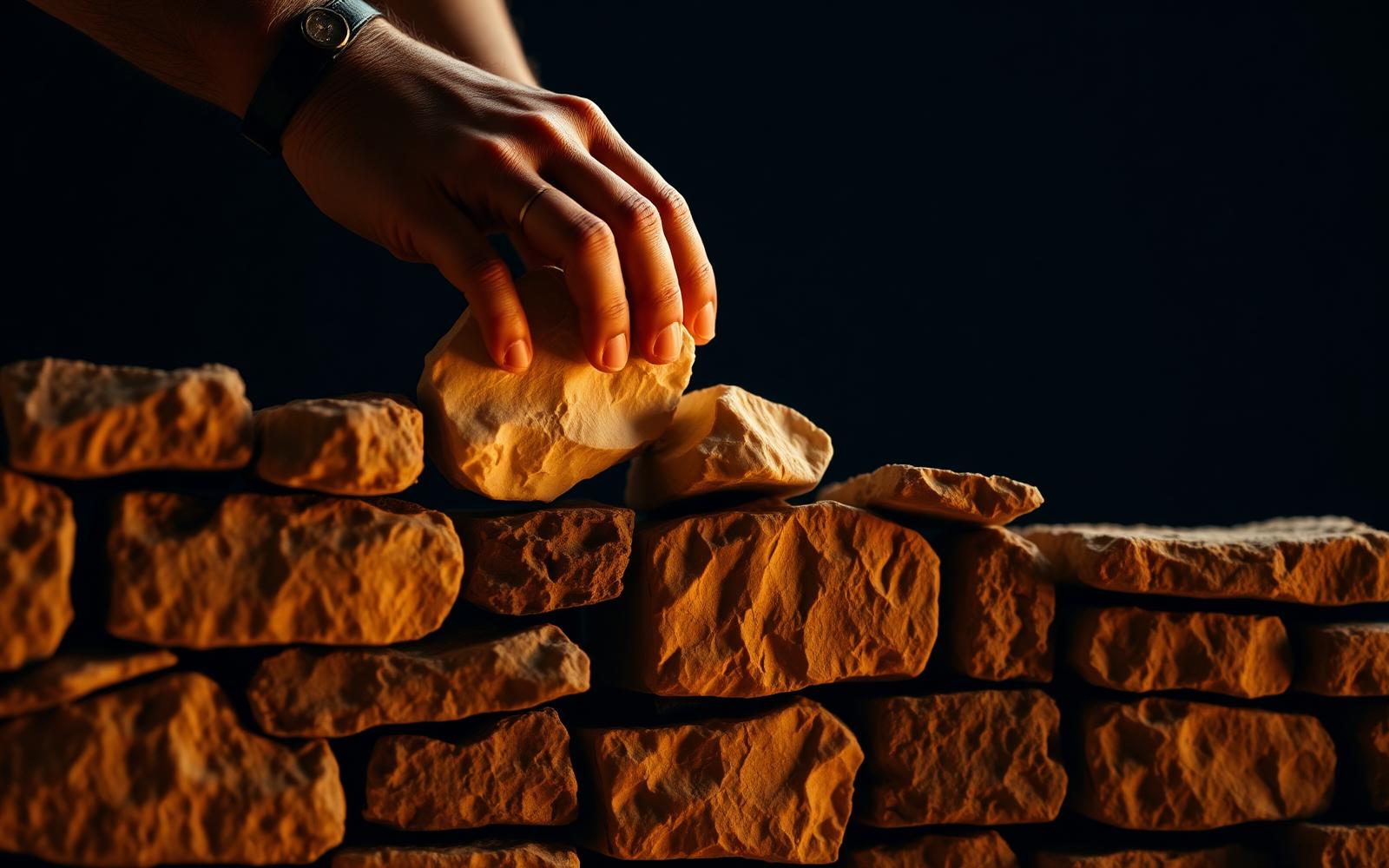 Hands placing a warm ivory stone onto a partially built wall of ancient hewn stones.